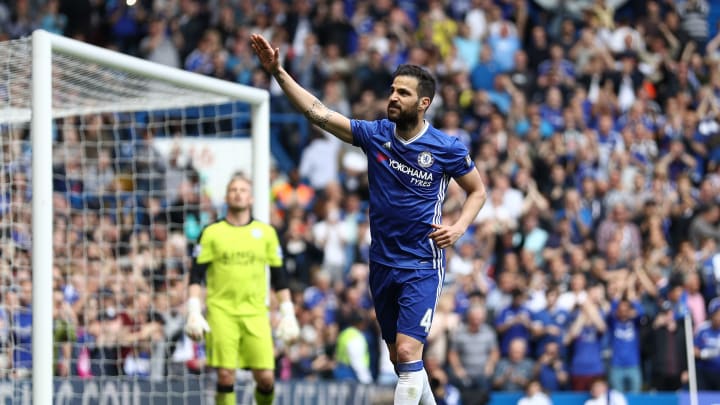 LONDON, ENGLAND – MAY 15: Sesc Fabregas of Chelsea celebrates scoring his team’s first goal from the penalty spot during the Barclays Premier League match between Chelsea and Leicester City at Stamford Bridge on May 15, 2016 in London, England. (Photo by Paul Gilham/Getty Images)