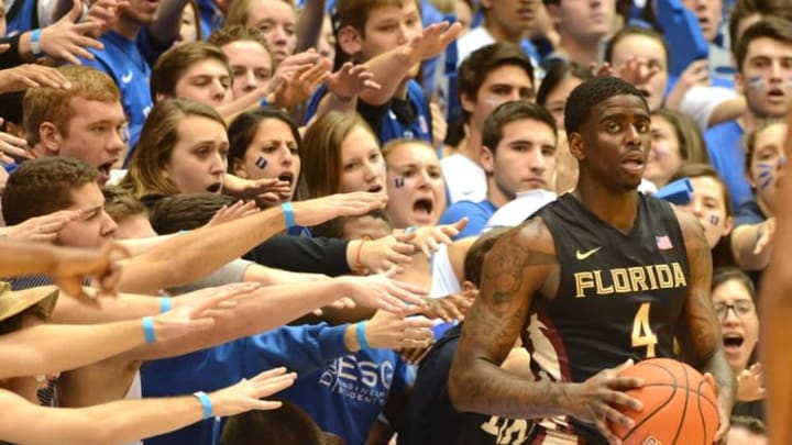 Feb 25, 2016; Durham, NC, USA; Florida State Seminoles guard Dwayne Bacon (4) looks to inbound the ball as he is harassed by Duke Blue Devils fans during the second half at Cameron Indoor Stadium. Duke won 80-65. Mandatory Credit: Rob Kinnan-USA TODAY Sports