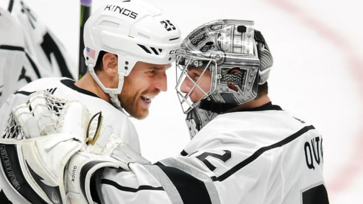 ANAHEIM, CA - NOVEMBER 07: Los Angeles Kings goalie Jonathan Quick (32) and center Brooks Laich (25) celebrate after the Kings defeated the Anaheim Ducks in overtime 4 to 3 in a game played on November 7, 2017 at the Honda Center in Anaheim, CA. (Photo by John Cordes/Icon Sportswire via Getty Images)