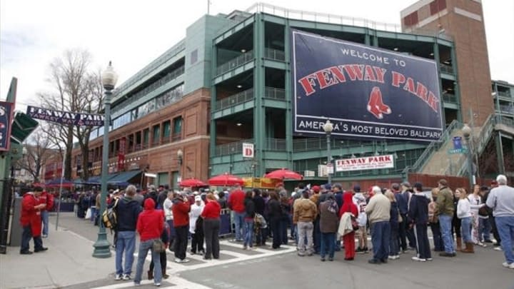 Apr 14, 2013; Boston, MA, USA; Boston Red Sox fans gather outside Fenway Park before the start of the game against the Tampa Bay Rays. Mandatory Credit: David Butler II-USA TODAY Sports