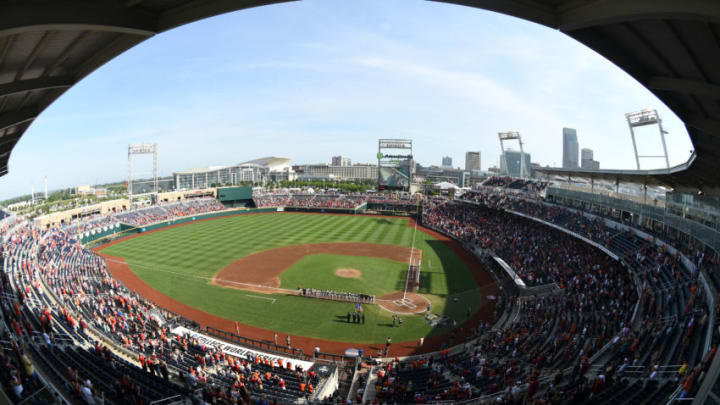 OMAHA, NE - JUNE 28: The Oregon State Beavers take on the Arkansas Razorbacks during the Division I Men's Baseball Championship held at TD Ameritrade Park on June 28, 2018 in Omaha, Nebraska. (Photo by Justin Tafoya/NCAA Photos via Getty Images)