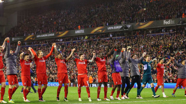 LIVERPOOL, ENGLAND - APRIL 14: Liverpool players celebrate victory after the UEFA Europa League quarter final, second leg match between Liverpool and Borussia Dortmund at Anfield on April 14, 2016 in Liverpool, United Kingdom. (Photo by Clive Brunskill/Getty Images)