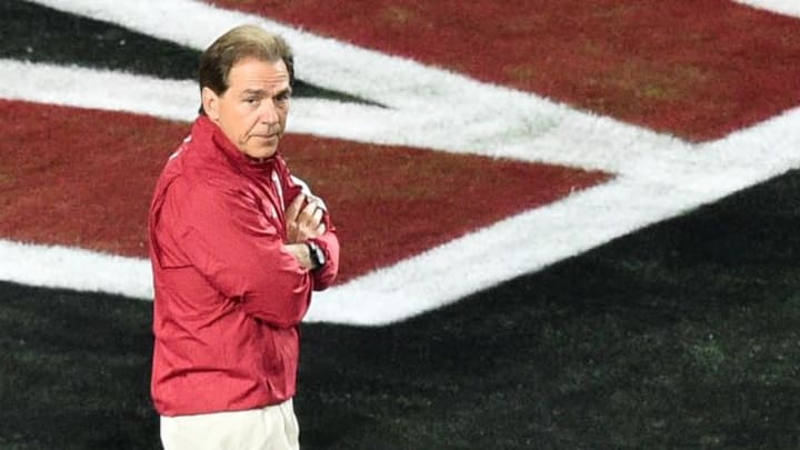 Jan 11, 2016; Glendale, AZ, USA; Alabama Crimson Tide head coach Nick Saban looks on during warm-ups prior to the game against the Clemson Tigers in the 2016 CFP National Championship at University of Phoenix Stadium. Mandatory Credit: Gary Vasquez-USA TODAY Sports