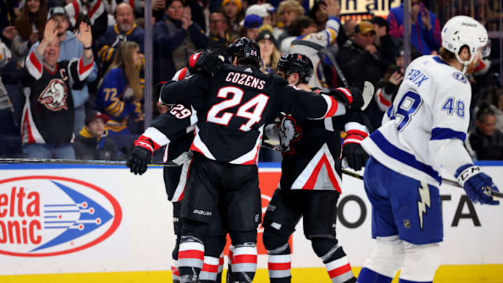 Mar 4, 2023; Buffalo, New York, USA; Buffalo Sabres center Vinnie Hinostroza (29) celebrates his goal with teammates during the second period against the Tampa Bay Lightning at KeyBank Center. Mandatory Credit: Timothy T. Ludwig-USA TODAY Sports
