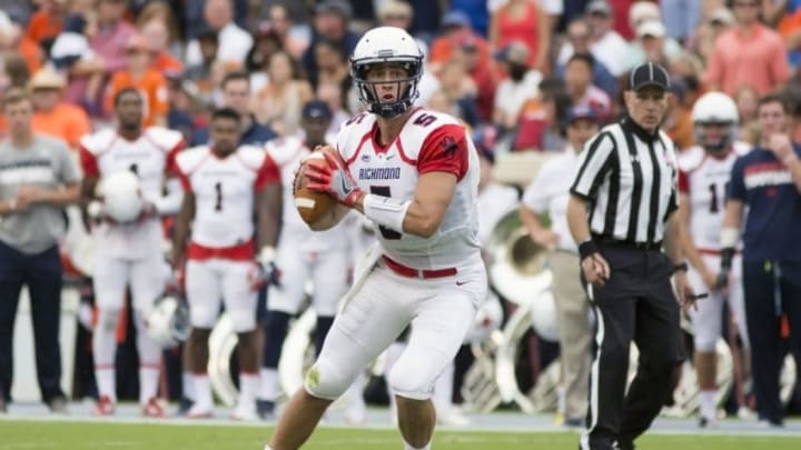 CHARLOTTESVILLE, VA - SEPTEMBER 03: Kyle Lauletta #5 of the Richmond Spiders looks for an open passer during a game at Scott Stadium on September 3, 2016 in Charlottesville, Virginia. (Photo by Chet Strange/Getty Images)