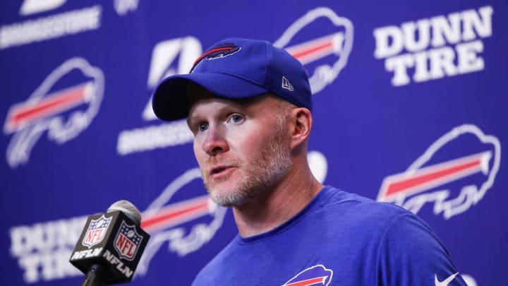 ORCHARD PARK, NY - SEPTEMBER 24: Head Coach Sean McDermott of the Buffalo Bills speaks during a press conference after an NFL game against the Denver Broncos on September 24, 2017 at New Era Field in Orchard Park, New York. (Photo by Tom Szczerbowski/Getty Images)