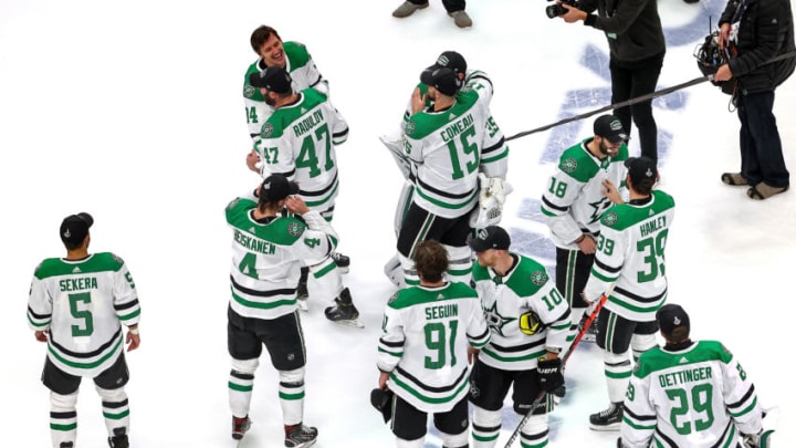EDMONTON, ALBERTA - SEPTEMBER 14: The Dallas Stars celebrate their 3-2 overtime victory against the Vegas Golden Knights in Game Five to win the Western Conference Final during the 2020 NHL Stanley Cup Playoffs at Rogers Place on September 14, 2020 in Edmonton, Alberta, Canada. (Photo by Bruce Bennett/Getty Images)