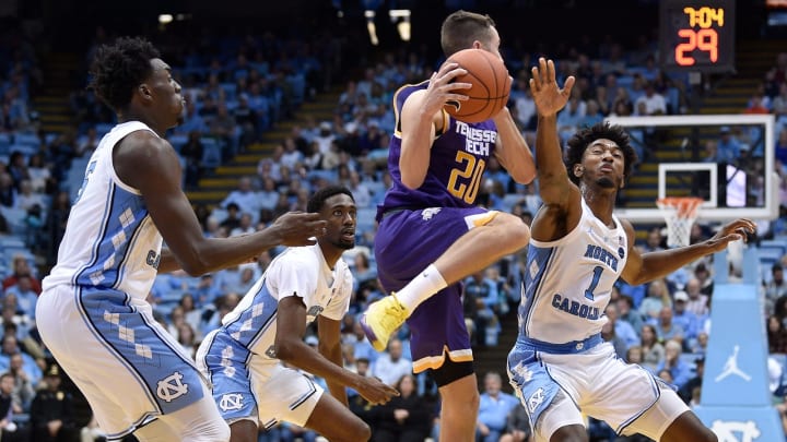 CHAPEL HILL, NORTH CAROLINA – NOVEMBER 16: Nassir Little #5, Brandon Robinson #4 and Leaky Black #1 of the North Carolina Tar Heels defend Hunter Vick #20 of the Tennessee Tech Golden Eagles during the second half of their game at the Dean Smith Center on November 16, 2018 in Chapel Hill, North Carolina. North Carolina won 108-58. (Photo by Grant Halverson/Getty Images)