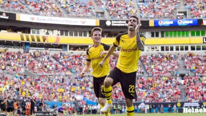 CHARLOTTE, UNITED STATES - JULY 22: Christian Pulisic of Borussia Dortmund celebrates after scoring the goal to the 1:2 during the International Champions Cup 2018 as part of the Borussia Dortmund US Tour 2018 on July 22, 2018 in Charlotte, United States. (Photo by Alexandre Simoes/Borussia Dortmund/Getty Images)