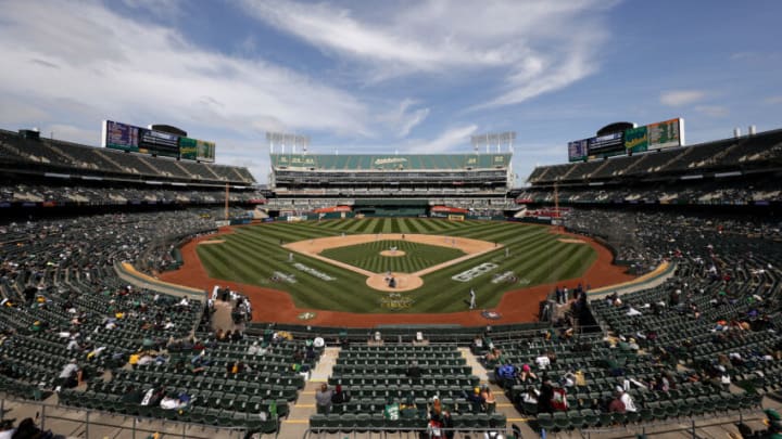 OAKLAND, CALIFORNIA - APRIL 03: A general view of the Oakland Athletics playing against the Houston Astros with a limited capacity crowd at RingCentral Coliseum on April 03, 2021 in Oakland, California. (Photo by Ezra Shaw/Getty Images)