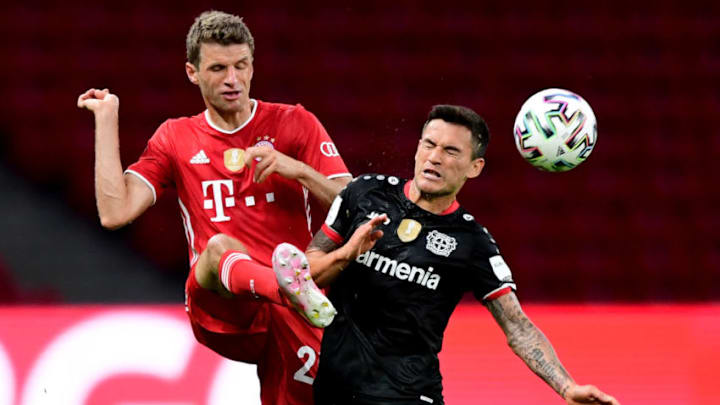Bayern Munich forward Thomas Muller during the DFB Pokal final against Bayer Leverkusen.(Photo by ROBERT MICHAEL/POOL/AFP via Getty Images)