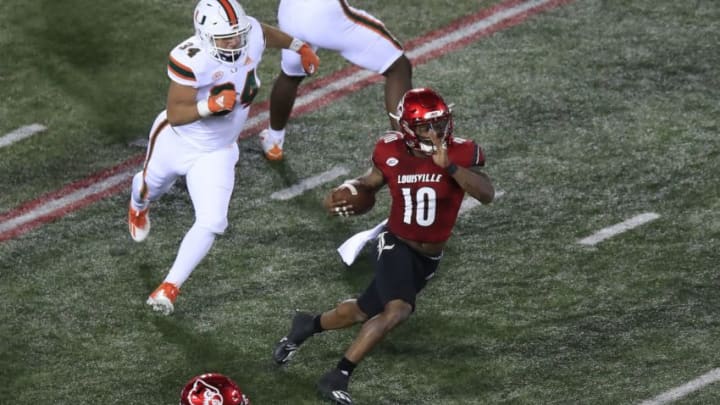 LOUISVILLE, KENTUCKY - SEPTEMBER 19: Javian Hawkins #10 of the Louisville Cardinals runs with the ball against the Miami Hurricanes at Cardinal Stadium on September 19, 2020 in Louisville, Kentucky. (Photo by Andy Lyons/Getty Images)