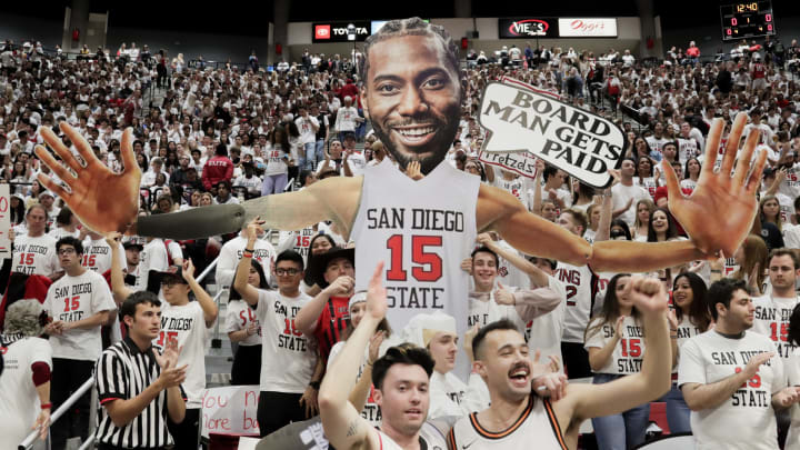 SAN DIEGO, CALIFORNIA – FEBRUARY 01: The SDSU student section displays a giant Kawhi Leonard cut-out (Photo by Kent Horner/Getty Images)