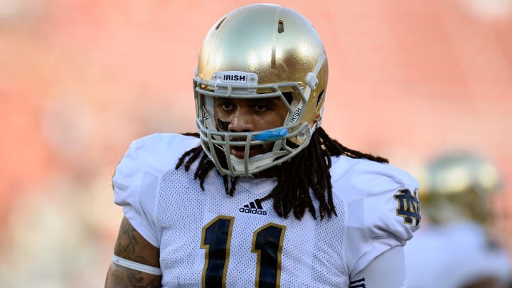 PALO ALTO, CA – NOVEMBER 30: Ishaq Williams #11 of the Notre Dame Fighting Irish looks on during pre-game warm ups prior to playing the Stanford Cardinal at Stanford Stadium on November 30, 2013 in Palo Alto, California. (Photo by Thearon W. Henderson/Getty Images)