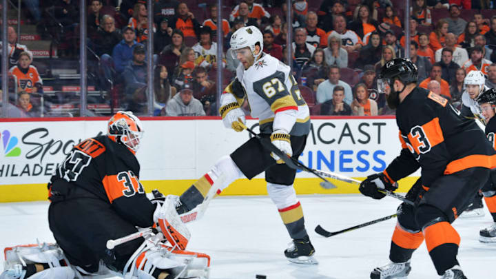 PHILADELPHIA, PA - OCTOBER 13: Max Pacioretty #67 of the Vegas Golden Knights tries to get a shot off on Brian Elliott #37 of the Philadelphia Flyers and Radko Gudas #3 looks on at the Wells Fargo Center on October 13, 2018 in Philadelphia, Pennsylvania. The Knights won 1-0. (Photo by Drew Hallowell/Getty Images)