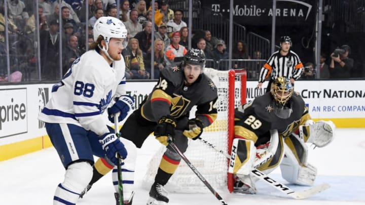 LAS VEGAS, NEVADA - NOVEMBER 19: William Nylander #88 of the Toronto Maple Leafs skates with the puck against Nicolas Hague #14 of the Vegas Golden Knights as Marc-Andre Fleury #29 of the Golden Knights tends net in the third period of their game at T-Mobile Arena on November 19, 2019 in Las Vegas, Nevada. The Golden Knights defeated the Leafs 4-2. (Photo by Ethan Miller/Getty Images)