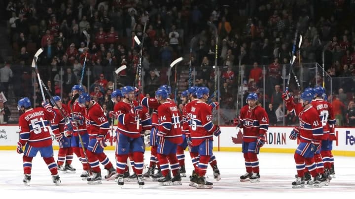 Nov 12, 2016; Montreal, Quebec, CAN; Montreal Canadiens players celebrate their win against Detroit Red Wings at Bell Centre. Mandatory Credit: Jean-Yves Ahern-USA TODAY Sports