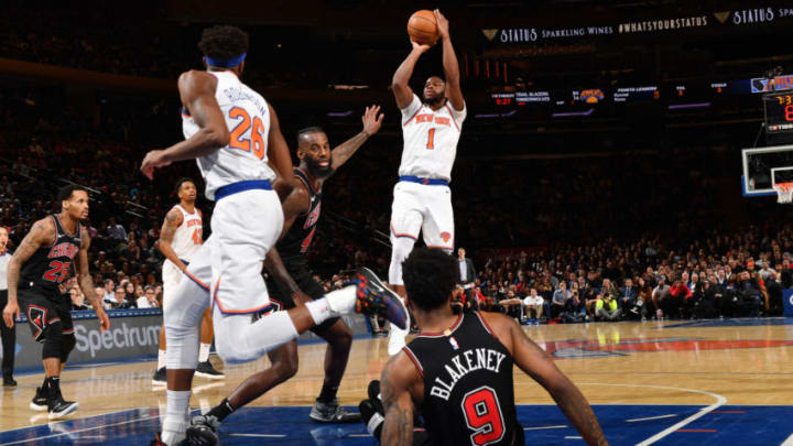 NEW YORK, NY APRIL 1: Emmanuel Mudiay #1 of the New York Knicks shoots the ball against the Chicago Bulls on April 1, 2019 at Madison Square Garden in New York City, New York. NOTE TO USER: User expressly acknowledges and agrees that, by downloading and or using this photograph, User is consenting to the terms and conditions of the Getty Images License Agreement. Mandatory Copyright Notice: Copyright 2019 NBAE (Photo by Jesse D. Garrabrant/NBAE via Getty Images)