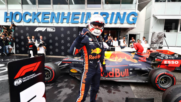 HOCKENHEIM, GERMANY - JULY 28: Race winner Max Verstappen of Netherlands and Red Bull Racing celebrates in parc ferme during the F1 Grand Prix of Germany at Hockenheimring on July 28, 2019 in Hockenheim, Germany. (Photo by Mark Thompson/Getty Images)