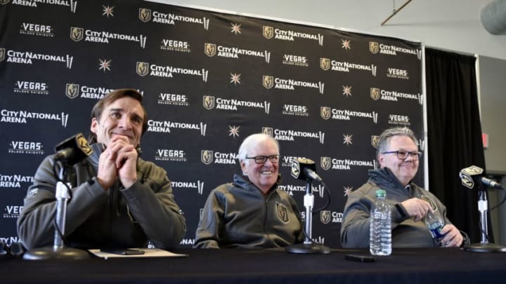 LAS VEGAS, NEVADA - MAY 02: (L-R) Vegas Golden Knights President of Hockey Operations George McPhee, Vegas Golden Knights owner Bill Foley and Vegas Golden Knights General Manager Kelly McCrimmon attend a news conference announcing McCrimmon's promotion to general manager at City National Arena on May 02, 2019 in Las Vegas, Nevada. (Photo by David Becker/NHLI via Getty Images)