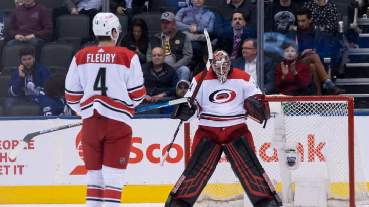 TORONTO, ON - APRIL 02: Carolina Hurricanes Goalie Petr Mrazek (34) celebrates the win after the NHL regular season game between the Carolina Hurricanes and the Toronto Maple Leafs on April 2, 2019, at Scotiabank Arena in Toronto, ON, Canada. (Photo by Julian Avram/Icon Sportswire via Getty Images)