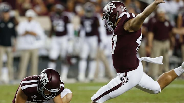 COLLEGE STATION, TX – SEPTEMBER 15: Seth Small #47 of the Texas A&M Aggies kicks a 40 yard field goal in the second quarter against the Louisiana Monroe Warhawks at Kyle Field on September 15, 2018 in College Station, Texas. (Photo by Bob Levey/Getty Images)