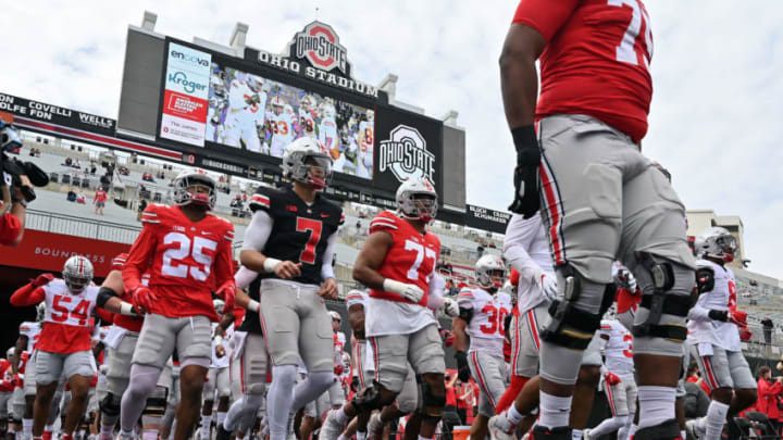 COLUMBUS, OH - APRIL 17: The Ohio State Buckeyes take the field to warm up before their Spring Game at Ohio Stadium on April 17, 2021 in Columbus, Ohio. (Photo by Jamie Sabau/Getty Images)
