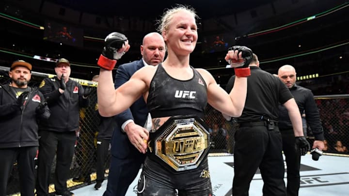 CHICAGO, IL - JUNE 08: Valentina Shevchenko of Kyrgyzstan celebrates her KO victory over Jessica Eye in their women's flyweight championship bout during the UFC 238 event at the United Center on June 8, 2019 in Chicago, Illinois. (Photo by Jeff Bottari/Zuffa LLC/Zuffa LLC via Getty Images)