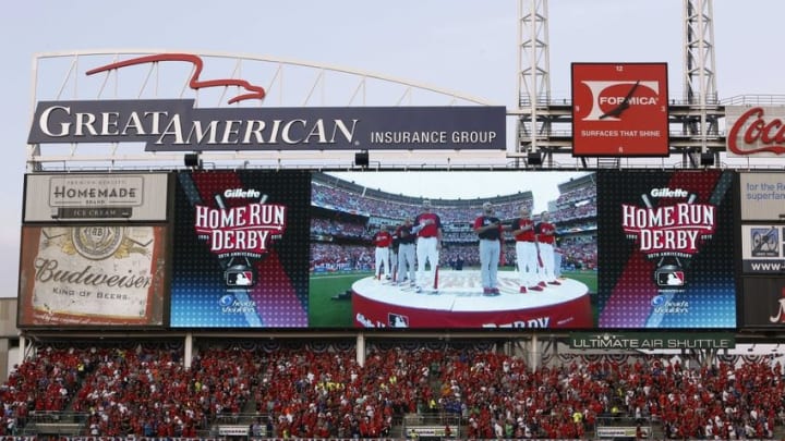 Jul 13, 2015; Cincinnati, OH, USA; General view of the video board as the home run derby participants stand for the National Anthem prior to the 2015 Home Run Derby the day before the MLB All-Star Game at Great American Ballpark. Mandatory Credit: David Kohl-USA TODAY Sports