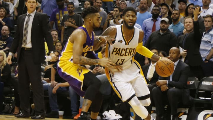 Nov 1, 2016; Indianapolis, IN, USA; Indiana Pacers forward Paul George (13) drives to the basket against Los Angeles Lakers guard D’Angelo Russell (1) at Bankers Life Fieldhouse. Indiana defeats the Los Angeles Lakers 115-108. Mandatory Credit: Brian Spurlock-USA TODAY Sports