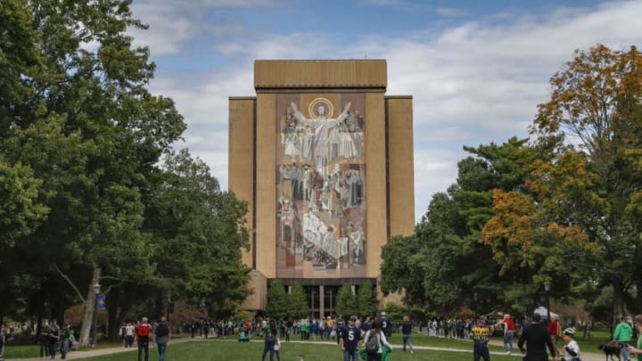 SOUTH BEND, IN – SEPTEMBER 29: The Word of Life Mural is seen on the Hesburgh Library on the Notre Dame campus before the Notre Dame Fighting Irish versus Stanford Cardinal game at Notre Dame Stadium on September 29, 2018 in South Bend, Indiana. (Photo by Michael Hickey/Getty Images)