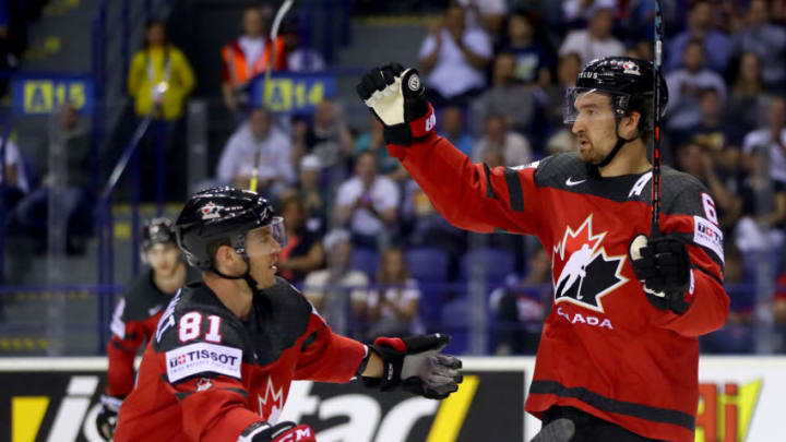KOSICE, SLOVAKIA - MAY 18: Mark Stone #61 Canada clebrate with team mate Jonathan Marchessault #81 after he scores the 2nd goal during the 2019 IIHF Ice Hockey World Championship Slovakia group A game between Canada and Germany at Steel Arena on May 18, 2019 in Kosice, Slovakia. (Photo by Martin Rose/Getty Images)
