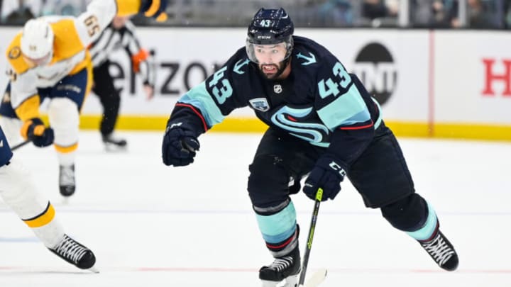 Mar 2, 2022; Seattle, Washington, USA; Seattle Kraken center Colin Blackwell (43) advances the puck during the third period against the Nashville Predators at Climate Pledge Arena. Seattle defeated Nashville 4-3. Mandatory Credit: Steven Bisig-USA TODAY Sports