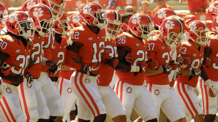 CLEMSON, SC - SEPTEMBER 2: Players for the Clemson Tigers walk to the end zone during pregame warmups before their game against the Kent State Golden Flashes on September 2, 2017 at Memorial Stadium in Clemson, South Carolina. (Photo by Todd Bennett/Getty Images)