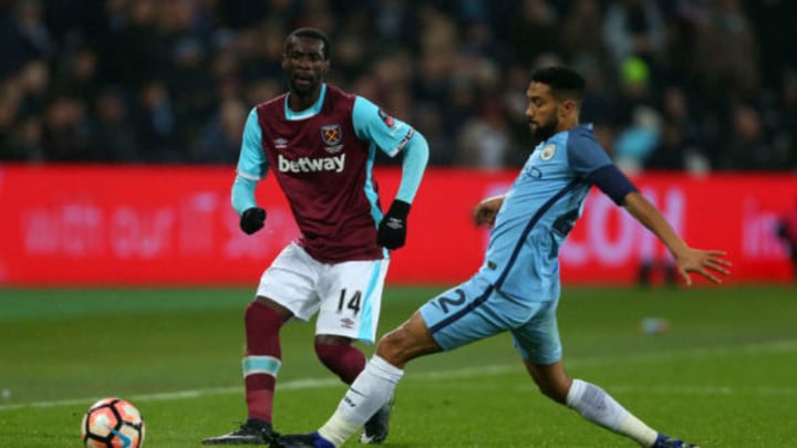 LONDON, ENGLAND – JANUARY 06: Pedro Mba Obiang of West Ham and Gael Clichy of Manchester City during the Emirates FA Cup Third Round match between West Ham United and Manchester City at London Stadium on January 6, 2017 in London, England. (Photo by Catherine Ivill – AMA/Getty Images)