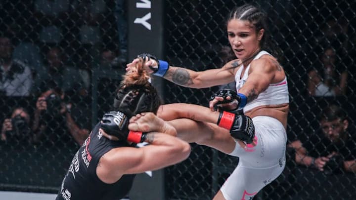 SINGAPORE - MAY 26: Istela Nunes shows off her Muay Thai against Angela Lee at ONE Championship: Dynasty of Heroes at the Singapore Indoor Stadium on May 26, 2017 in Singapore (Photo by Dux Carvajal/ONE Championship/Getty Images)