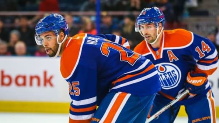Jan 2, 2016; Edmonton, Alberta, CAN; Edmonton Oilers defenseman Darnell Nurse (25) against the Arizona Coyotes during the overtime period at Rexall Place. Edmonton Oilers won 4-3. Mandatory Credit: Sergei Belski-USA TODAY Sports