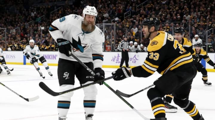 BOSTON, MA - OCTOBER 29: Boston Bruins left defenseman Zdeno Chara (33) defends on San Jose Sharks center Joe Thornton (19) during a game between the Boston Bruins and the San Jose Sharks on October 29, 2019, at TD Garden in Boston, Massachusetts. (Photo by Fred Kfoury III/Icon Sportswire via Getty Images)
