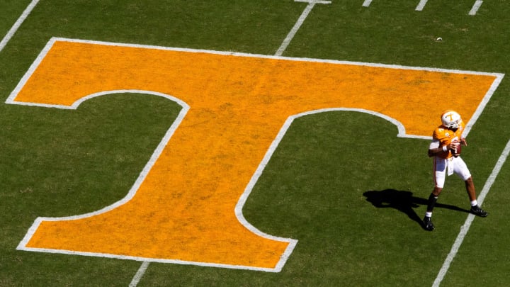 Oct 3, 2020; Knoxville, TN, USA; Tennessee quarterback Jarrett Guarantano (2) looks to throw during a SEC conference football game between the Tennessee Volunteers and the Missouri Tigers held at Neyland Stadium. Mandatory Credit: Brianna Paciorka-USA TODAY NETWORK