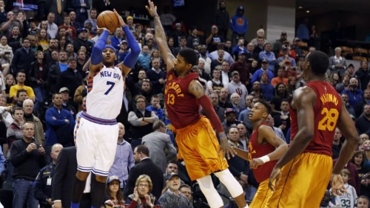 Feb 24, 2016; Indianapolis, IN, USA; New York Knicks forward Carmelo Anthony (7) misses a game tying three pointer at the buzzer against Indiana Pacers forward Paul George (13) at Bankers Life Fieldhouse. Indiana defeats New York 108-105. Mandatory Credit: Brian Spurlock-USA TODAY Sports