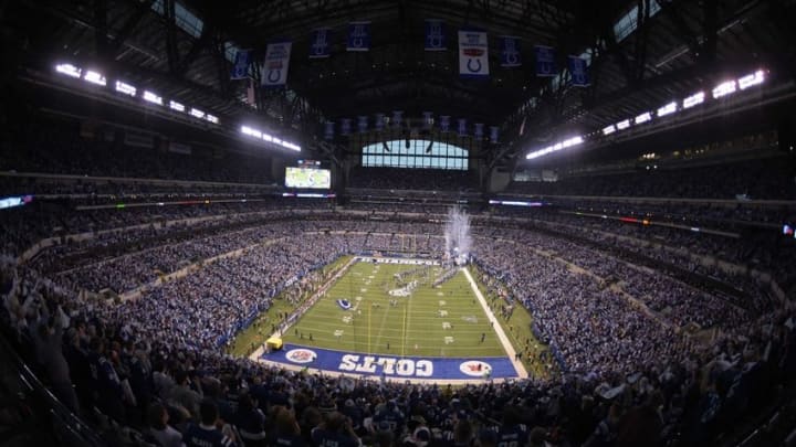 Jan 4, 2015; Indianapolis, IN, USA; A general view as Indianapolis Colts players take the field before the 2014 AFC Wild Card playoff football game against the Cincinnati Bengals at Lucas Oil Stadium. Mandatory Credit: Kirby Lee-USA TODAY Sports