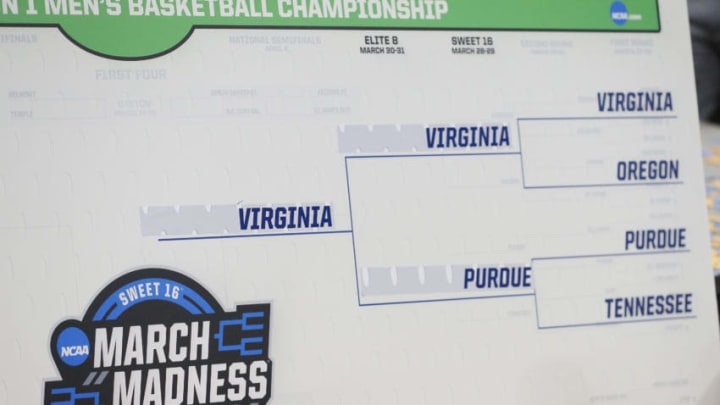 LOUISVILLE, KENTUCKY - MARCH 30: A detail of the South Region bracket after the Virginia Cavaliers defeated the Purdue Boilermakers 80-75 in overtime of the 2019 NCAA Men's Basketball Tournament South Regional to advance to the Final Four at KFC YUM! Center on March 30, 2019 in Louisville, Kentucky. (Photo by Kevin C. Cox/Getty Images)