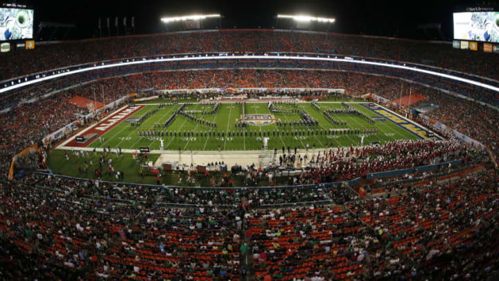 MIAMI GARDENS, FL - JANUARY 7: General view of the Notre Dame Fighting Irish marching band performs during halftime of the game against the Alabama Crimson Tide during the 2013 Discover BCS National Championship Game at Sun Life Stadium on January 7, 2013 in Miami Gardens, Florida. Alabama defeated Notre Dame 42-14. (Photo by Joel Auerbach/Getty Images)