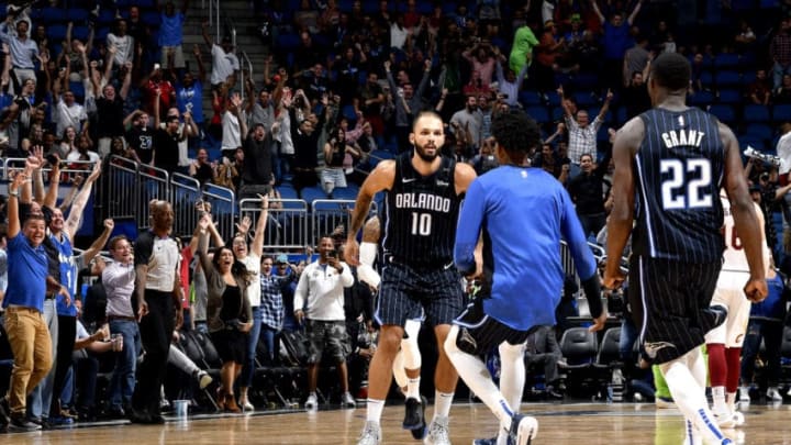 ORLANDO, FL - NOVEMBER 5: Evan Fournier #10 of the Orlando Magic reacts after shooting the game-winning shot against the Cleveland Cavaliers on November 5, 2018 at Amway Center in Orlando, Florida. NOTE TO USER: User expressly acknowledges and agrees that, by downloading and or using this photograph, User is consenting to the terms and conditions of the Getty Images License Agreement. Mandatory Copyright Notice: Copyright 2018 NBAE (Photo by Fernando Medina/NBAE via Getty Images)