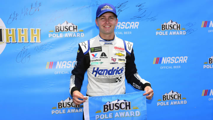 LONG POND, PENNSYLVANIA – JUNE 01: William Byron, driver of the #24 Hendrick Autoguard Chevrolet, poses with the Busch Pole Award after posting the quickest lap during qualifying for the Monster Energy NASCAR Cup Series Pocono 400 at Pocono Raceway on June 01, 2019 in Long Pond, Pennsylvania. (Photo by Jared C. Tilton/Getty Images) NASCAR DFS