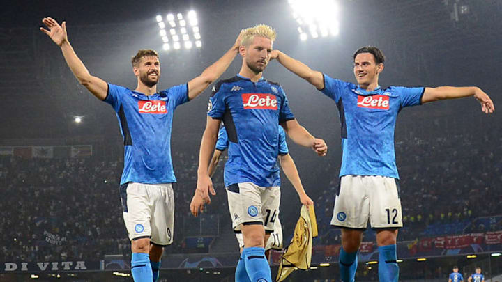 NAPLES, ITALY - SEPTEMBER 17: Fernando Llorente, Dries Mertens and Eljif Elmas of SSC Napoli celebrate the victory after the UEFA Champions League group E match between SSC Napoli and Liverpool FC at Stadio San Paolo on September 17, 2019 in Naples, Italy. (Photo by Francesco Pecoraro/Getty Images)