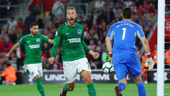 SOUTHAMPTON, ENGLAND - SEPTEMBER 17: Glenn Murray of Brighton and Hove Albion celebrates as he scores his team's second goal from a penalty during the Premier League match between Southampton and Brighton & Hove Albion at St Mary's Stadium on September 17, 2018 in Southampton, United Kingdom. (Photo by Clive Rose/Getty Images)