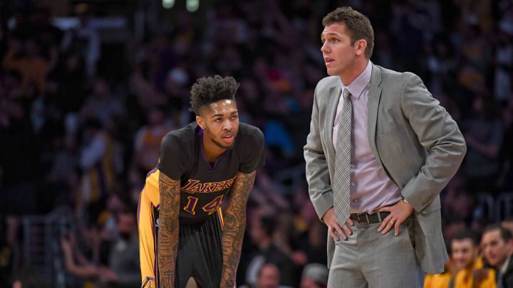 Mar 24, 2017; Los Angeles, CA, USA: Los Angeles Lakers head coach Luke Walton talks with Lakers forward Brandon Ingram (14) during the second half of a NBA game against the Minnesota Timberwolves at the Staples Center. Mandatory Credit: Kirby Lee-USA TODAY Sports