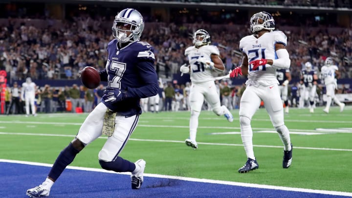 ARLINGTON, TX – NOVEMBER 05: Allen Hurns #17 of the Dallas Cowboys scores a touchdown against Malcolm Butler #21 of the Tennessee Titans and Kevin Byard #31 of the Tennessee Titans in the second quarter at AT&T Stadium on November 5, 2018 in Arlington, Texas. (Photo by Tom Pennington/Getty Images)