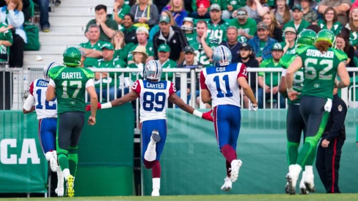 REGINA, SK - AUGUST 16: Duron Carter #89 of the Montreal Alouettes runs back a missed field goal for a touchdown in a game between the Montreal Alouettes and Saskatchewan Roughriders in week 8 of the 2014 CFL season at Mosaic Stadium on August 16, 2014 in Regina, Saskatchewan, Canada. (Photo by Brent Just/Getty Images)